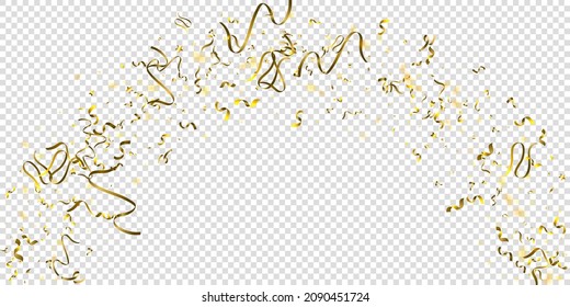 Serpentine. Gold Foil Streamers Ribbons. Confetti Star Falling on Transparent Background. Party, Birthday Vector Template. Sparkle Serpentine. Celebration Elements. Bright Gold Festive Tinsel.