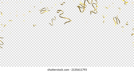 Serpentine. Gold Foil Streamers Ribbons. Confetti Star Falling on Transparent Background. Party, Birthday Vector Template. Sparkle Serpentine. Celebration Elements. Bright Gold Festive Tinsel.