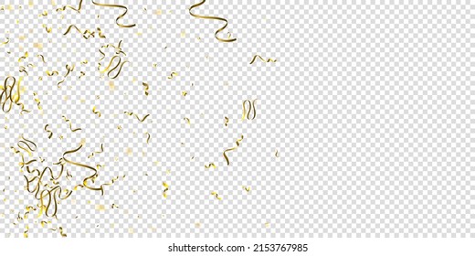 Serpentine. Gold Foil Streamers Ribbons. Confetti Star Falling on Transparent Background. Party, Birthday Vector Template. Sparkle Serpentine. Celebration Elements. Bright Gold Festive Tinsel.