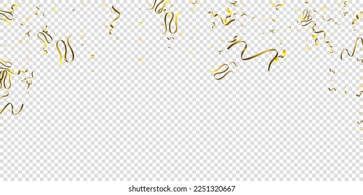 Serpentine. Gold Foil Streamers Ribbons. Confetti Star Falling on Transparent Background. Party, Birthday Vector Template. Sparkle Serpentine. Celebration Elements. Bright Gold Festive Tinsel.