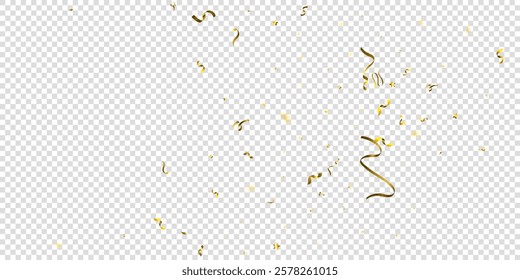 Serpentine. Gold Foil Streamers Ribbons. Confetti Star Falling on Transparent Background. Party, Birthday Vector Template. Sparkle Serpentine. Celebration Elements. Bright Gold Festive Tinsel.