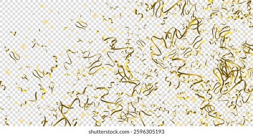 Serpentine. Gold Foil Streamers Ribbons. Confetti Star Falling on Transparent Background. Party, Birthday Vector Template. Sparkle Serpentine. Celebration Elements. Bright Gold Festive Tinsel.