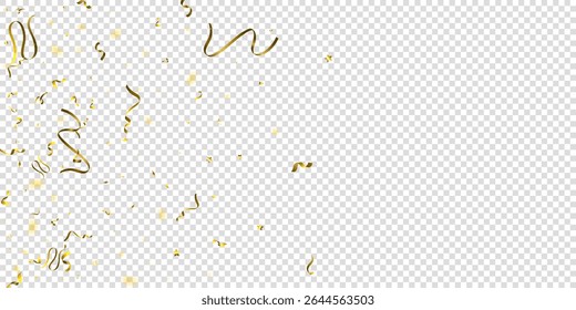 Serpentine. Gold Foil Streamers Ribbons. Confetti Star Falling on Transparent Background. Party, Birthday Vector Template. Sparkle Serpentine. Celebration Elements. Bright Gold Festive Tinsel.