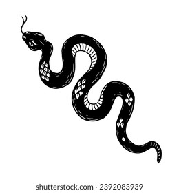 Serpentine illustration, black snak witchy magic symbol. Linocut print style. Vector.