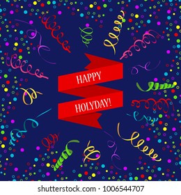 Serpentine on dark background. Festive decoration for carnival, holiday and anniversary. Greeting card template. Flat vector cartoon illustration.