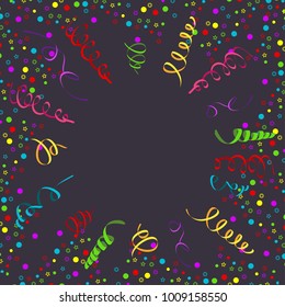 Serpentine on dark background. Festive decoration for carnival, holiday and anniversary. Greeting card template. Flat vector cartoon illustration.
