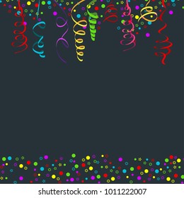 Serpentine on dark background. Festive decoration for carnival, holiday and anniversary. Greeting card template. Flat vector cartoon illustration.
