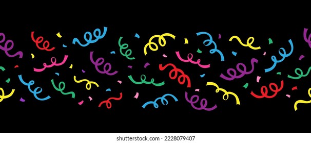 Serpentine ribbons and confetti banner. Festive, anniversary, celebration, greeting horizontal seamless pattern