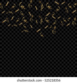 Serpentine ribbons, isolated on background. Streamers confetti . Vector Illustration of Golden decoration. Falling golden decoration for party, birthday celebrate, anniversary or event, festive.