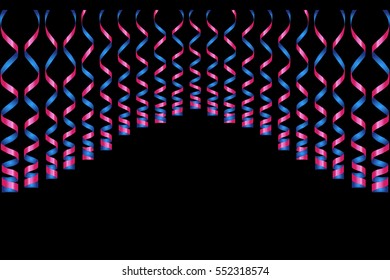 Serpentine ribbons, isolated on background. Streamers confetti . Vector Illustration of violet decoration. Falling light decoration for party, birthday celebrate, anniversary or event, festive.