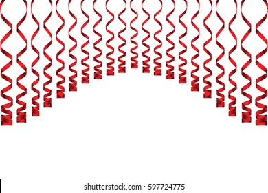 Serpentine ribbons, isolated on background. Streamers confetti . Vector Illustration of red decoration. Falling light decoration for party, birthday celebrate, anniversary or event, festive.