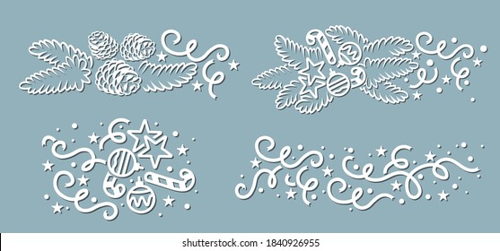 Serpentinenstraße, Nadelbäume und Kiefernzapfen aus Papier. Weihnachtsbaum zweigt Silhouette. Spruce Dekor Element. Vorlage zum Laserschneiden und Plottern. Die Schnittmuster für die dekorative Platte.