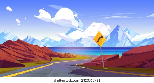 Serpentine road to mountain lake, sharp turn warning traffic sign. Vector cartoon illustration of rocky stones on both sides of curvy highway running to nordic sea shore, mountainscape on horizon