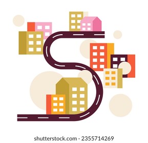 Serpentine road through city semi flat colour vector object. Residential buildings. Editable cartoon clip art icon on white background. Simple spot illustration for web graphic design