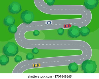 Serpentine road, top view. Cars drive along a winding road in a forest on a mountain. Vector illustration, flat design, cartoon style.