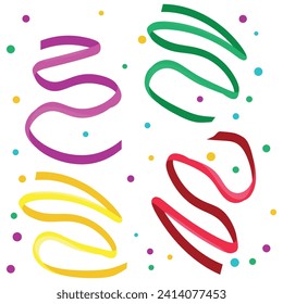Serpentine set vector illustration. Cartoon isolated spiral paper ribbon for birthday party and anniversary, Christmas and festive carnival, curly streamer and tinsel decoration to celebrate holidays.