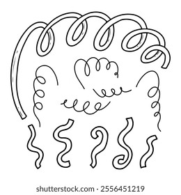 Serpentine spiral hand drawn doodle. Festive confetti. Twisted ribbon. Carnival, party, holiday. Event celebration decorations. Shiny swirls. Set of elements. Vector line art illustration.