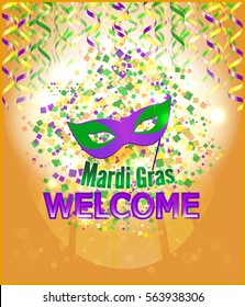Serpentine, streamer, confetti  holiday background for card, for carnival party poster, banner, decor. Welcome to Mardi Gras. Vector illustration.