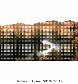 Serpentine water flow surrounded by fall foliage and distant peaks, stylized wilderness scene, vector illustration.