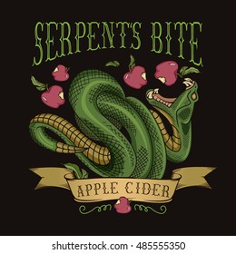 "Serpent's bite" apple cider label. Vector illustration of green viper snake biting an apple. 