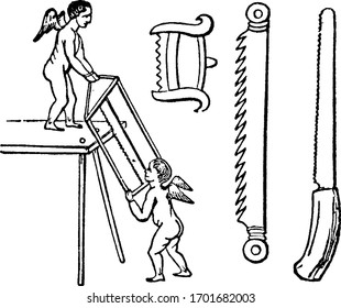 Serra tool, vintage engraved drawing illustrations.