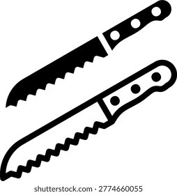 Serrated bread knife icon set with solid and outline versions