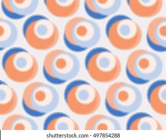 serrated circles flowers vintage style seamless pattern in pastel orange and blue 