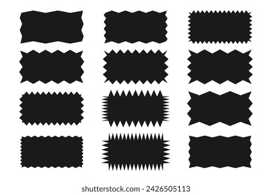 Serrated rectangle with zig zag edge. A set of uneven zigzag rectangular shapes. Black color. Isolated elements for design of text box, button, badge, banner, tag, sticker, badge. Vector illustration.