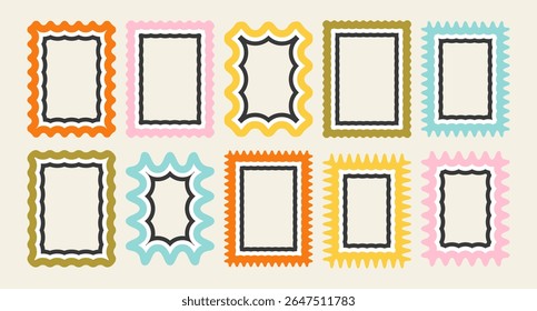 Serrated scallop funky bubble decorative tags. Vintage curvy text boxes photo elements. Cute squiggle line rectangle stamps. Retro psychedelic wiggly border picture frame shapes. Wavy label templates