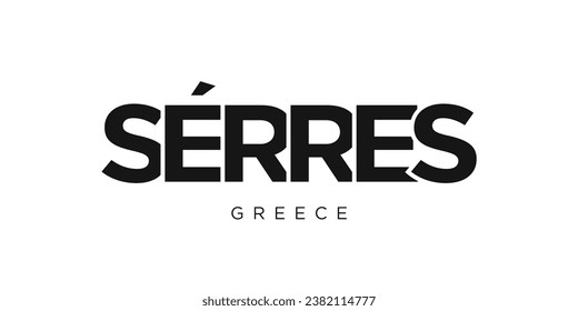 Serres en el emblema griego para la prensa y la web. El diseño presenta estilo geométrico, ilustración vectorial con tipografía audaz en fuente moderna. Letras gráficas de eslóganes aisladas en fondo blanco.