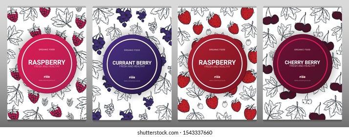 Sert of Berries banners with raspberries, strawberries, currants and cherries. Food design template with berry