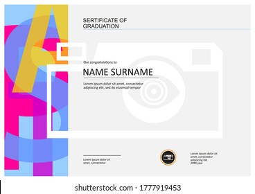 Sertificate of graduation, diploma template with space for your text, letters graphic design and camera icon