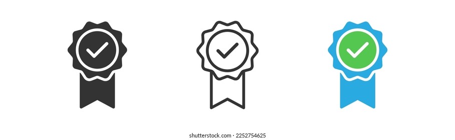 Sertificate icon. Approved concept. Green chek mark. Verification, guarantee, best, medal symbols. Outline, flat, and colored style. Flat design. Vector illustration.