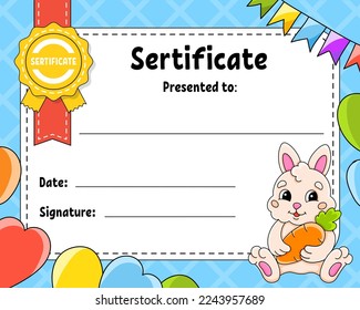 Sertificate template for kids. Colorful school and preschool diploma. With cute character. Vector illustration.