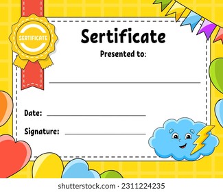 Sertificate template for kids. Colorful school and preschool diploma. With cute character. .