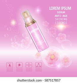 Serum anti age. Background Vector Concept with pink and gold bottle , bubble in lighting effect