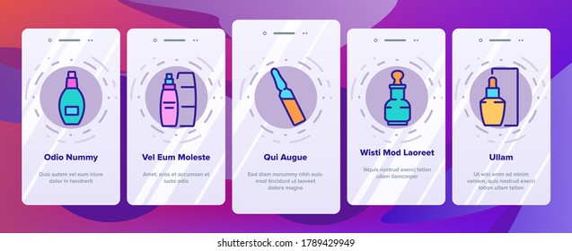 Serum Beauty Cosmetic Onboarding Mobile App Page Screen Vector. Serum Skin Care Cream And Perfume, Face Gel And Lotion Package And Container Illustrations