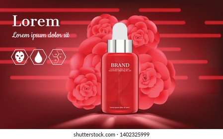 Serum with blooming roses on red background