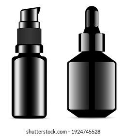 Serum bottle black mockup. Dropper bottle, essence flask mock up. Skin foundation cream flacon. Aroma oil vial, glossy black glass. Dispenser bottle for lotion. Eyedropper tincture product