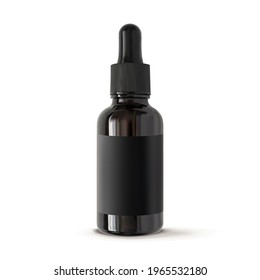 Serum bottle with black mockup label isolated vector 3d realistic illustration. Brown glass cosmetic container with black pipette dropper on white background. Aromatherapy package