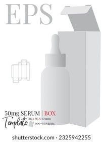Serum bottle box, die cut template, vector. White clear blank serum bottle box mock up isolated on white background with perspective presentation, illustration. Packaging design.