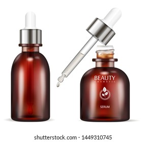Serum bottle with dropper. Cosmetic Flacon. Vector Illustration. Vial for organic essential aroma oil. Brown glass bottle for essence. Realistic 3d packaging mockup