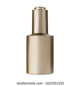 Serum bottle with dropper. Face collagen essence. Natural enzyme q10 woman therapy. Golden cosmetic eyedropper vial. Premium treatment solution mock up, isolated on white