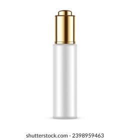 Serum Bottle With Gold-Colored Lid, Front View, Isolated On White Background. Vector Illustration