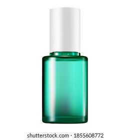 Serum bottle. Green glass cosmetic packaging mock up. Essential oil vial. Nail polish flask. Glossy cylinder for aging collagen or medical treatment. Realistic laquer template illustration