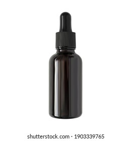 Serum bottle isolated vector realistic illustration. Brown glass cosmetic container with black pipette dropper on white background. Aromatherapy package mockup
