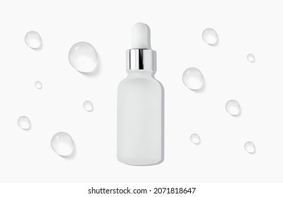 Serum bottle with moisture drops. Frosted glass container for skin care beauty product. Aromatherapy, essence or perfume blank. Beauty cosmetic horizontal banner