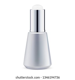 Frasco sérico. Embalaje en gotas para vectores. Vial 3d transparente aislado en blanco. Tragón de contenedores de medicamentos para la esencia de Collagen. Envase de plástico con tapón de gota con Perfume de Aroma Orgánico.