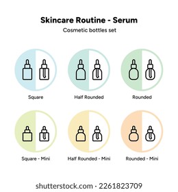 Botellas de suero, Skincare Rutina, productos cosméticos de belleza con cuentagotas, iconos vectoriales de los paquetes de cuidado de la piel aislados