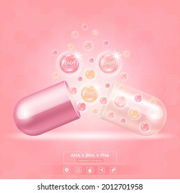 Serum capsule. Alpha Hyroxy Acid (AHA), Beta Hydroxy Acid (BHA) and Polyhydroxy Acids (PHA). Acid toner and serum pink. Use for face skin rejuvenation, beauty products medical concepts. ​3D Vector.